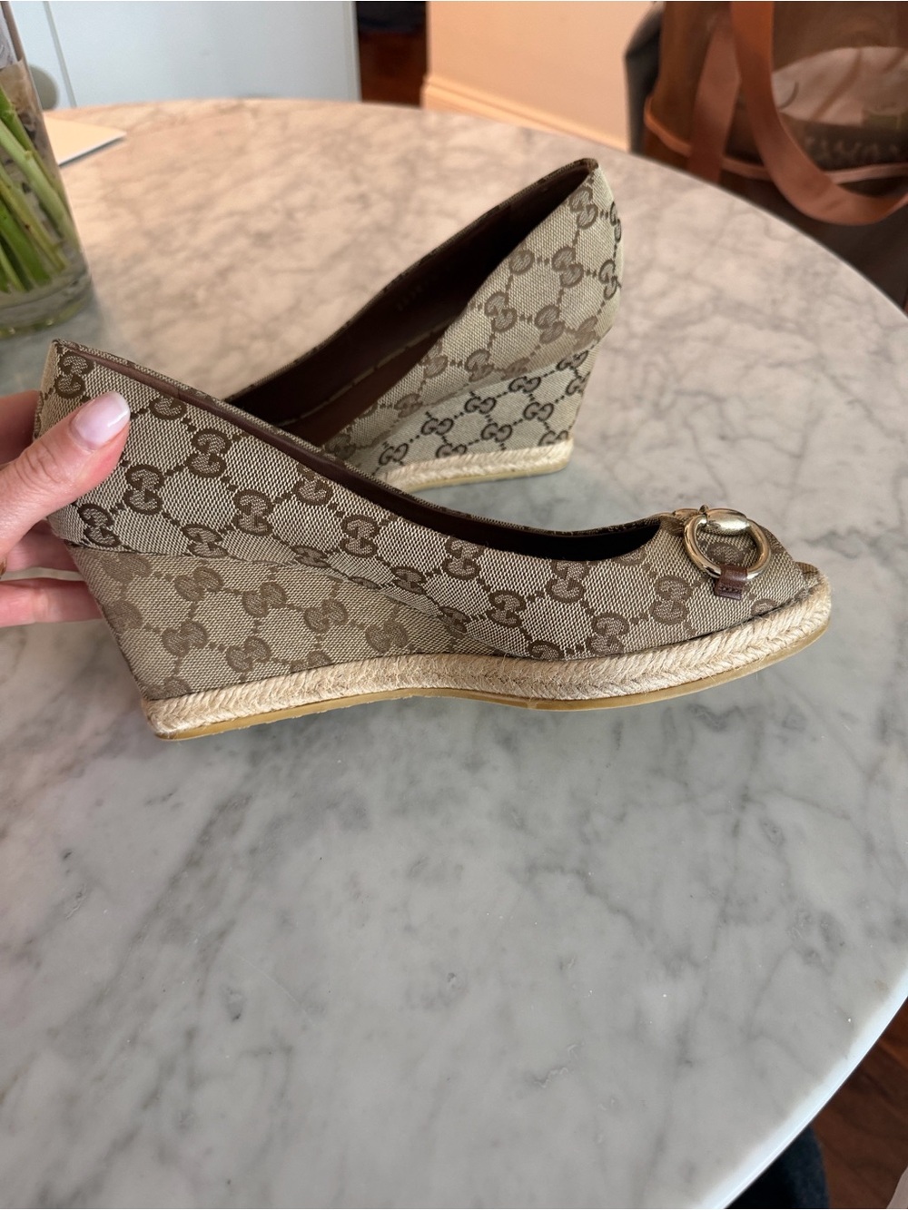 Gucci Beige Monogram Peep-Toe Heels espadrille with Horsebit - Picture 8 of 9